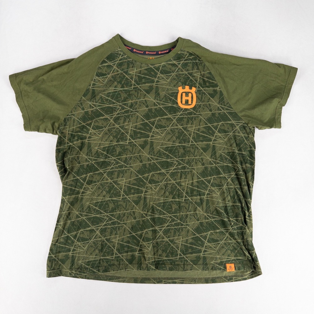 Husqvarna Mens T-Shirt 2XL Green Barrträd Geometric Raglan Cotton Short Sleeve